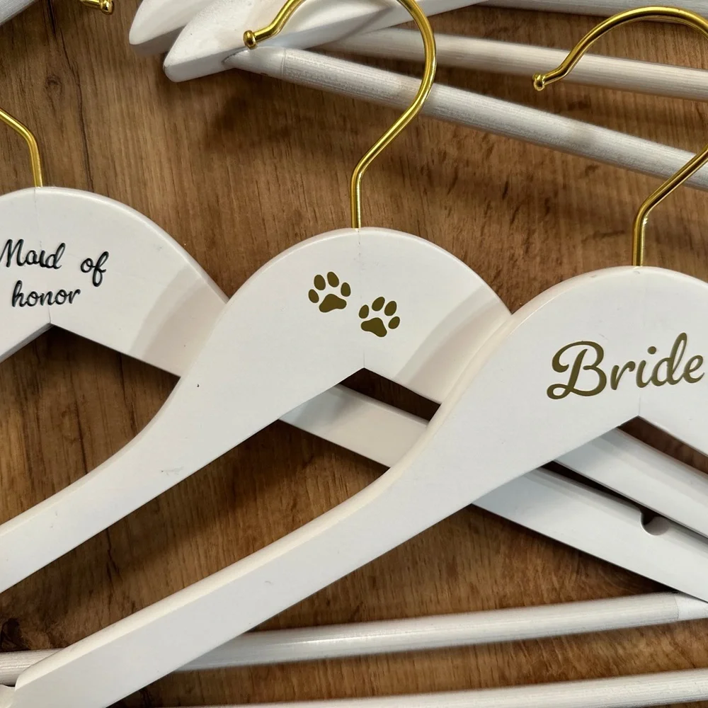 White Bridesmaids, Bride, and Fur Baby Hangers with Gold Hooks